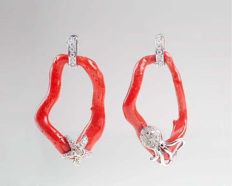A pair of modern coral diamond earpendants 'Octopus' and 'Starfish'