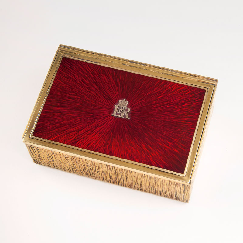 An important gilt silver and enamelled box and monogram of Queen Elizabeth II
