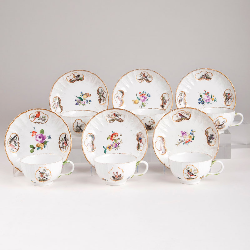 A set of 6 cups with Dulong relief and bird painting
