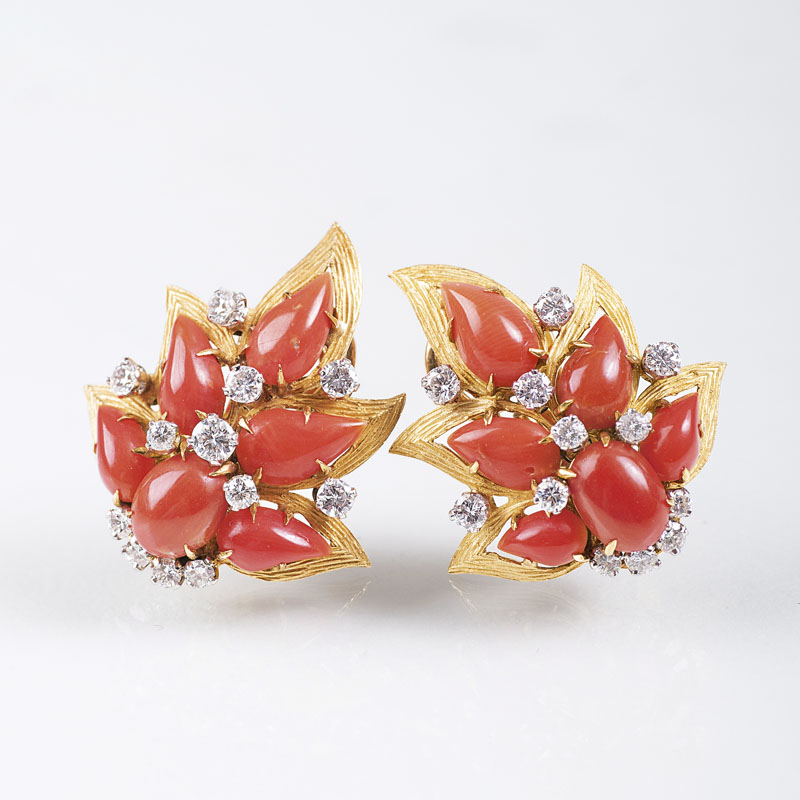 A pair of Vintage coral diamond earclips