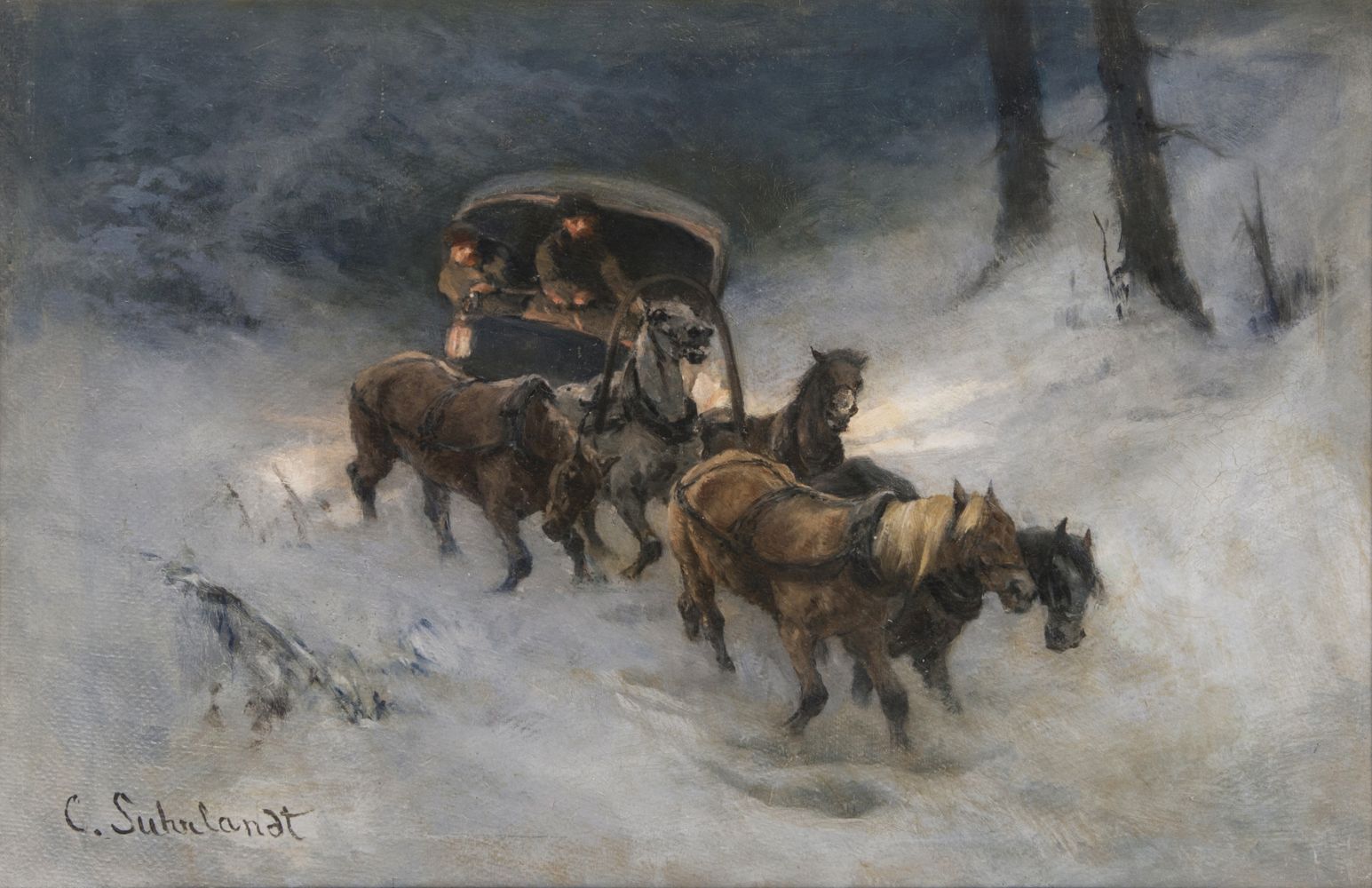Carriage drawn by horses in a snowy forest