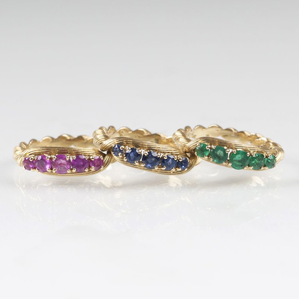 A Set of 3 Gold Rings with Rubies, Emeralds and Sapphires