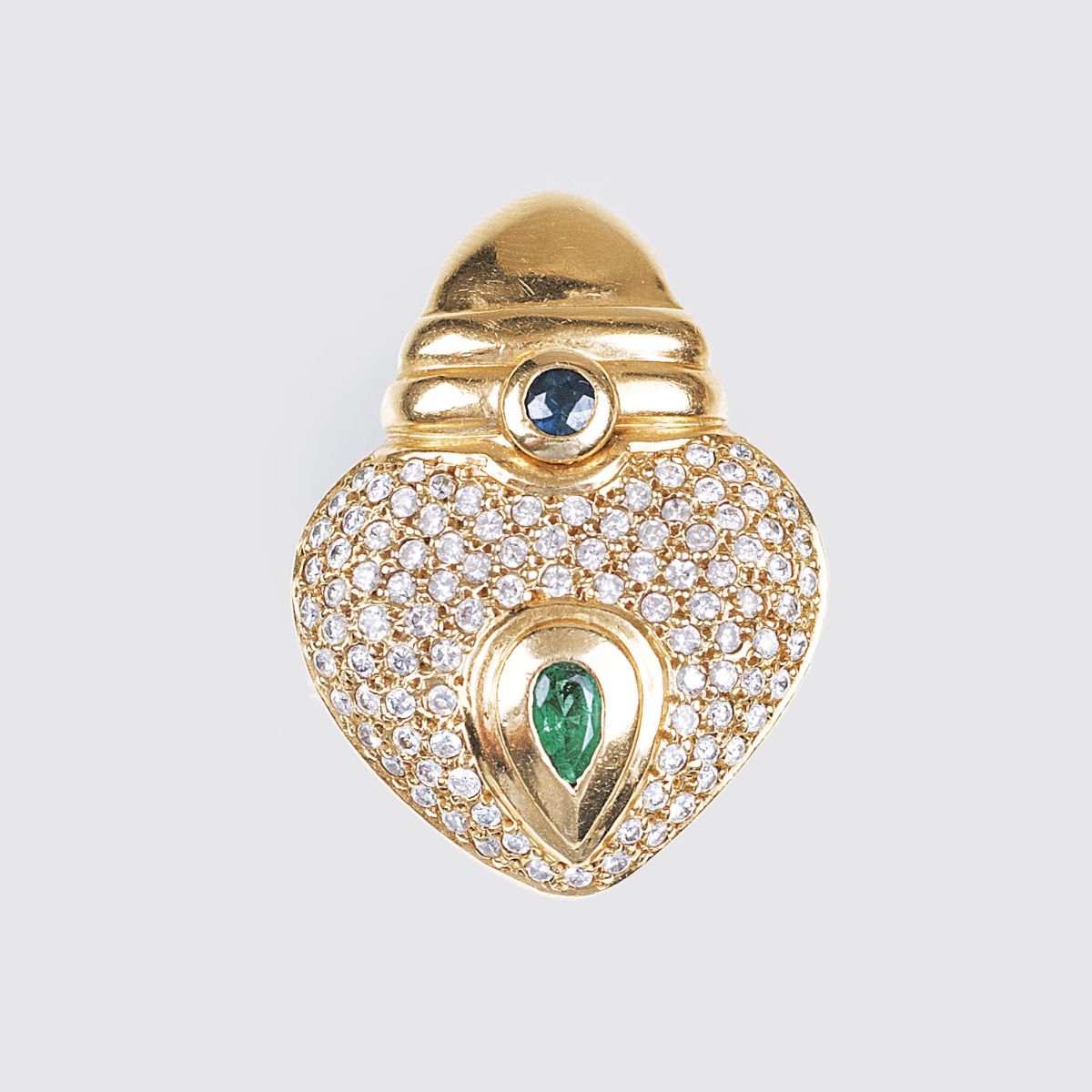 A Heart Shaped Diamond Sapphire Emerald Clip Pendant