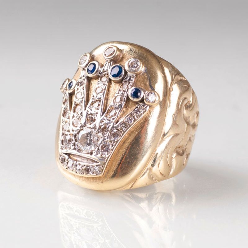 Großer Herren-Brillant-Saphir-Ring mit Kronen-Dekor
