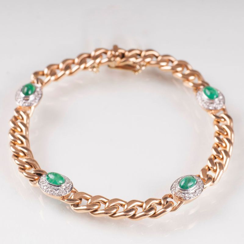 A curb chain bracelet with emeralds cabochons and diamonds
