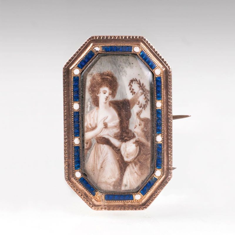 A classical brooch with sepia miniature painting