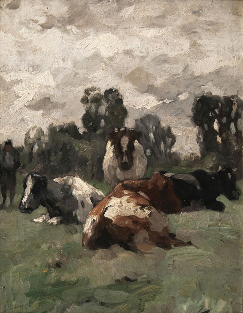 Bauer mit vier Kühen