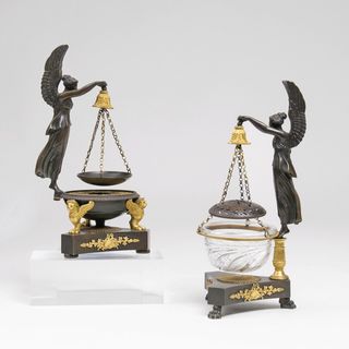 A Pair of Museum-like Brule parfum Vessels with Victory Goddess