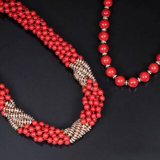 Two coral coloured Strass Necklaces