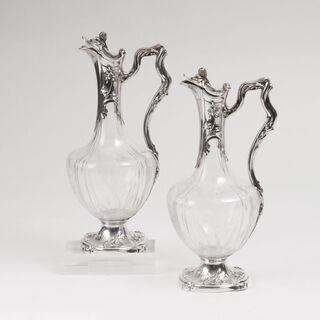A Pair of Art-Nouveau Liquor Carafes with Silver Mounting