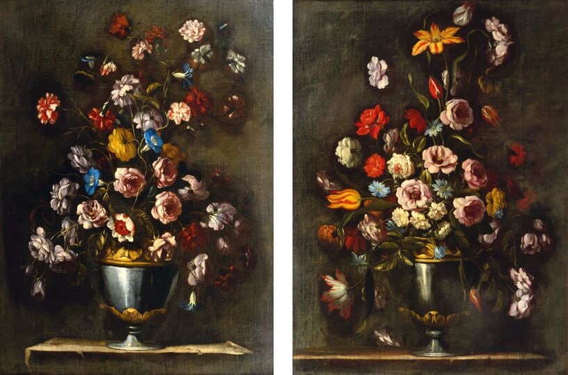 Paar Gegenstücke: Blumen in Vasen