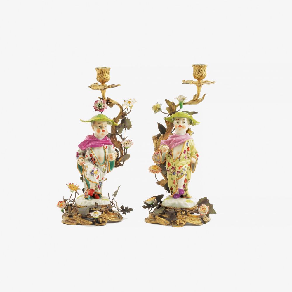 Pair of Chinese boys with cabbage leaf hats as candlesticks in ormolu mount