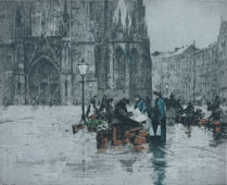Markt im Regen auf dem Domplatz zu Köln