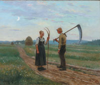 Junges Bauernpaar im Gespräch in einer abendlichen Landschaft