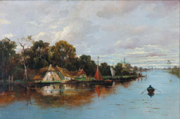 An extensive river landscape with boats, windmills, cottages and wooded banks