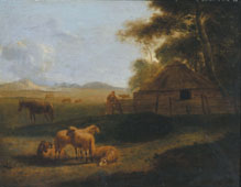 Landschaft mit Bäuerin, Schafen, Pferd und Kate