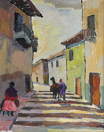 "An alley with mountaineers and a lama in a town in Argentina"