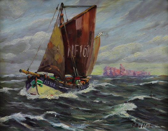 "A fishing boat on sea, the Island of Helgoland beyond"