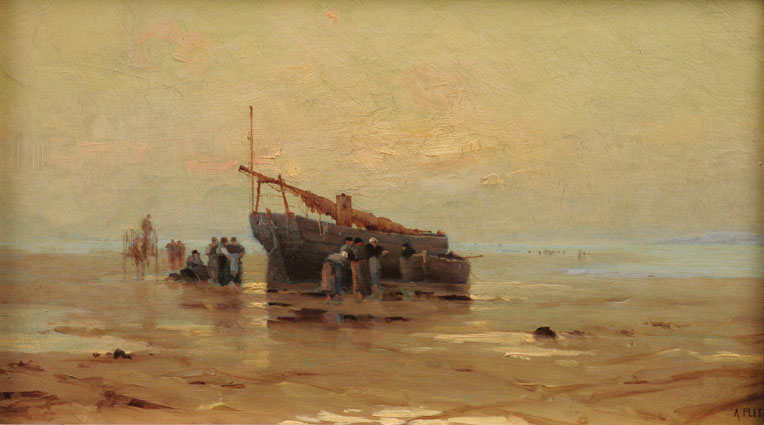 Fishing boats and persons at low-tide on the shore