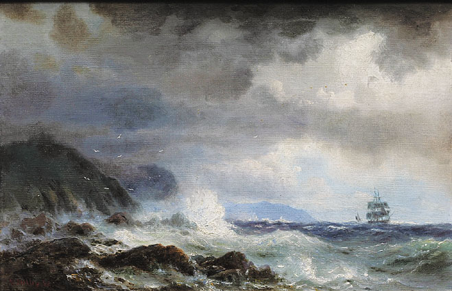 A coastal scene with foaming surf and starting storm, a sailship beyond