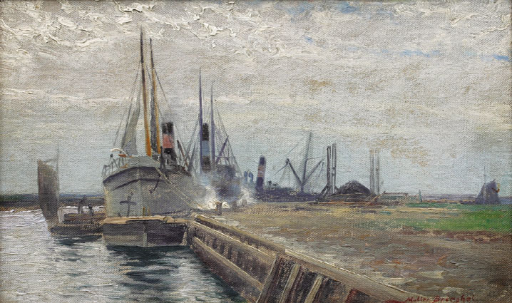 Several cargo steamers in a port