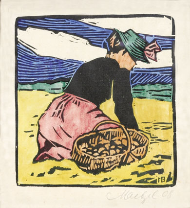 "A woman gathering potatoes on a field"