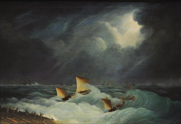 "Ships offshore in stormy weather"