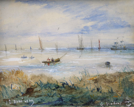 A coastal scene with a lot of ships and boats
