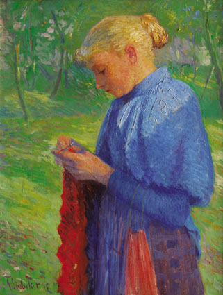 "A girl knitting in a sunny orchard"