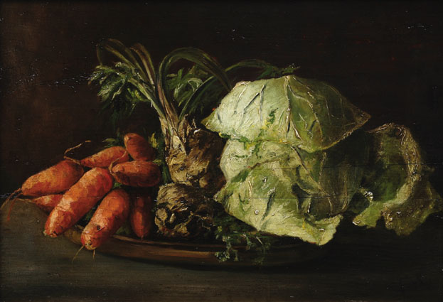 A stillife with carrots, celery and cabbage