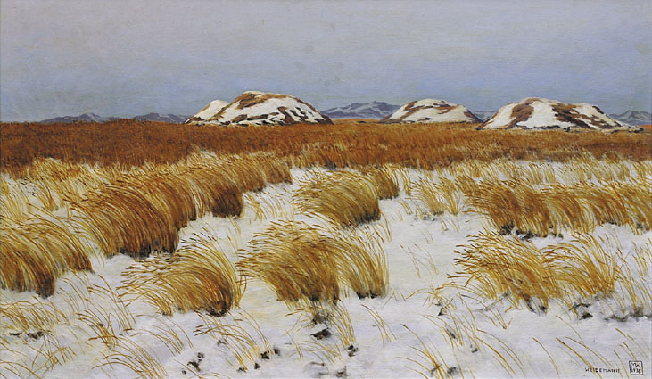 "Three old-german graves in a wintry landscape near Kampen/Sylt"