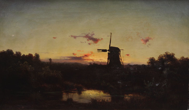 Landschaft mit Windmühle, Wald und Teich im Abendlicht