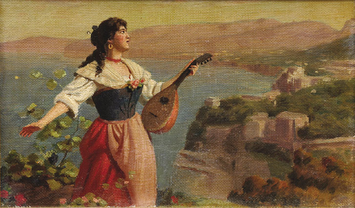 A young italian woman with a mandolin in front of Amalfi