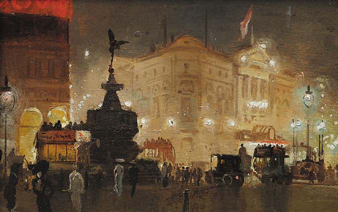 "London: elegant night-people near Piccadilly Circus"