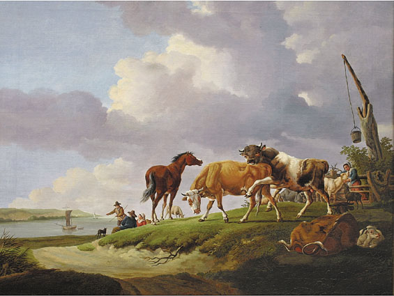 Bäuerliche Küstenlandschaft mit Personen, Kühen, Ziegen, Pferd und Hund