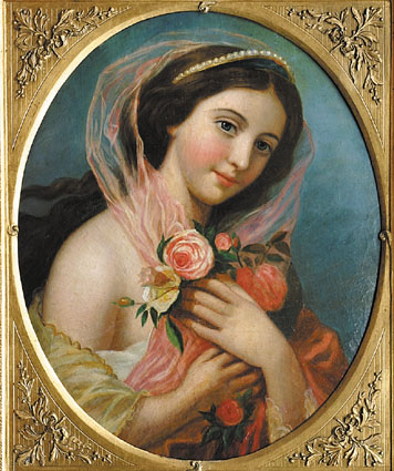 Portrait of a young Lady holding roses