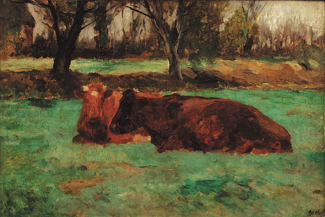Two cows resting in pasture-ground