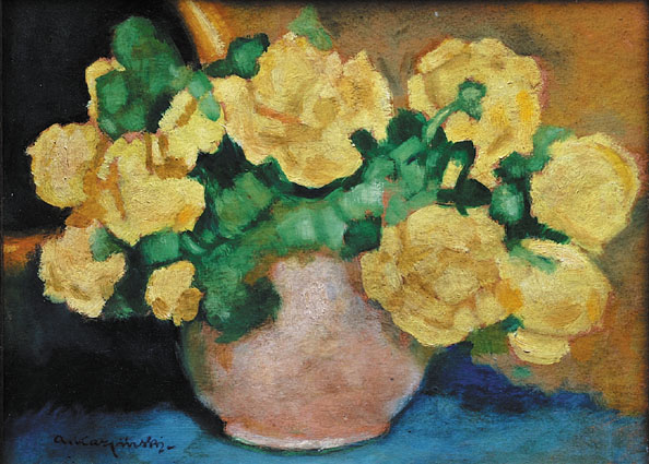 A stillife with yellow roses in a clay-vase