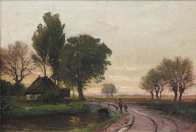 An extensive landscape in Northern Germany with figures, bridge and house