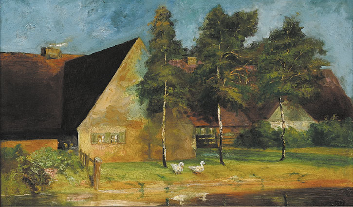 A view of a village with white geese at the water