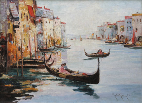 A view of Venice with couples in gondolas
