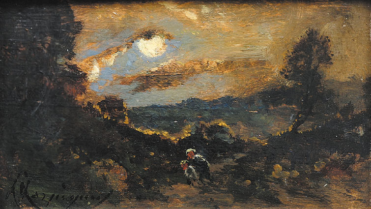 A hilly wooded landscape with figures in moonlight