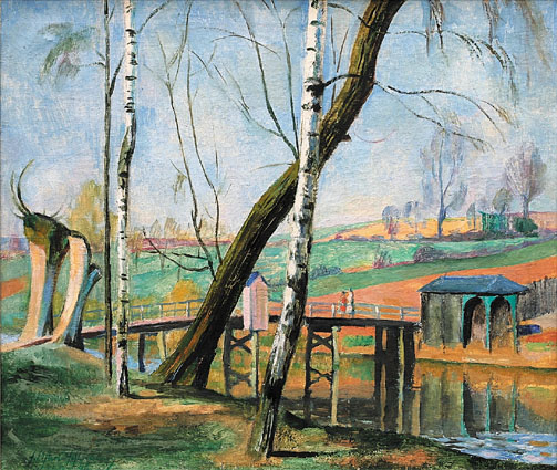 Flusslandschaft mit Brücke und Figuren im Vorfrühling