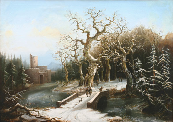 A wintry landscape with ruins and a frozen waterway, and hunter and hound