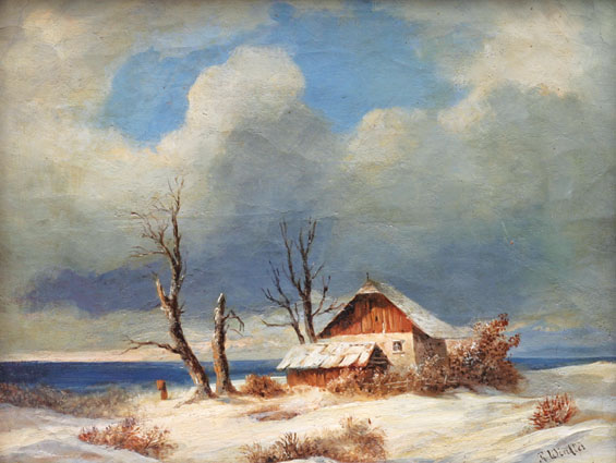 A farmhouse in a wintry landscape, the sea beyond