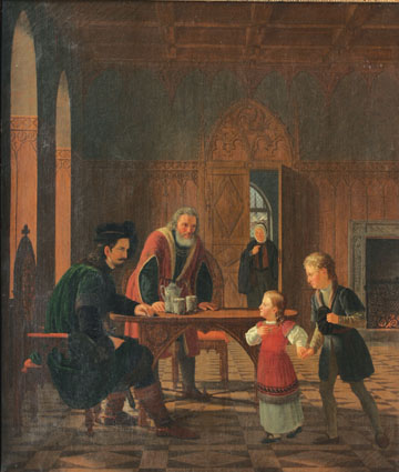 Examination of two children in the hall of a Renaissance castle