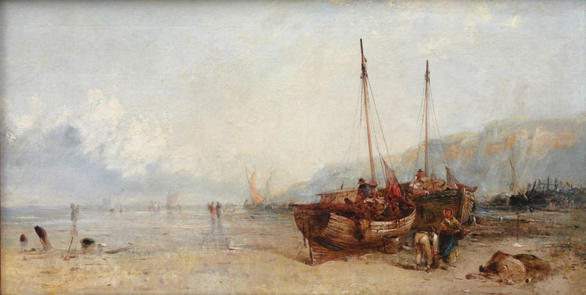 Fishing boats and figures at low tide before the rocky coast