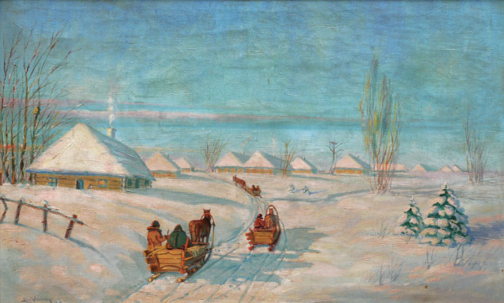 Three horsedrawn sledges in a snowcovered village in Poland
