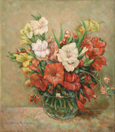 Alois Krieger, München, frühes 20. Jh. - A stillife with hibiscus, lilies, mallows, gillyflowers A stillife with hibiscus, lilies, mallows, gillyflowers