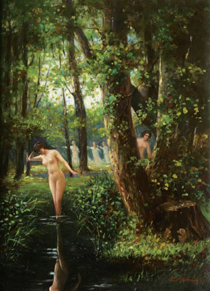 Girls bathing and dancing in a forest clearing